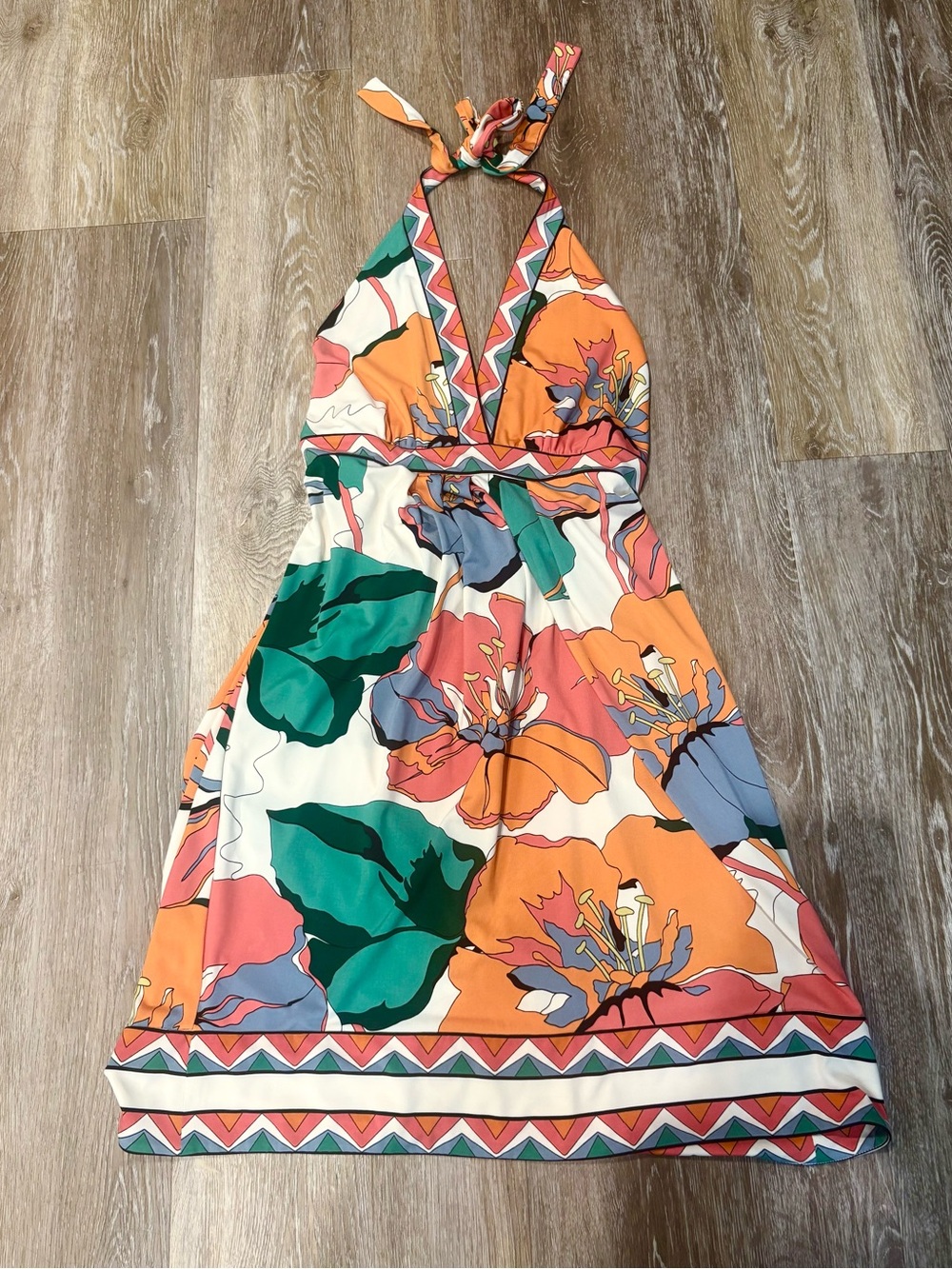 Y2K Boho Chic Floral Print Halter Midi Dress in Orange & Green